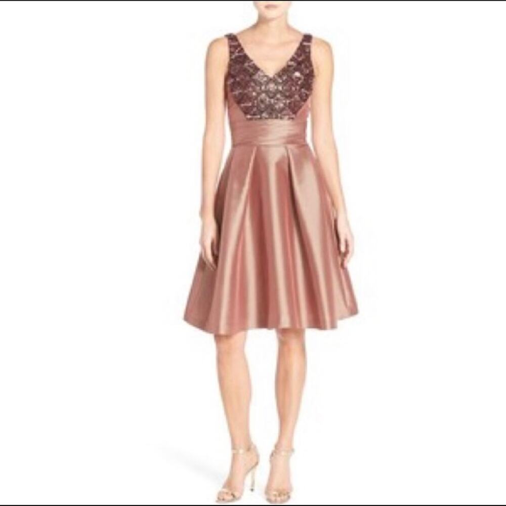 Pamella Roland Fit and Flare Brown Beads Accent Cutout Cocktail Luxury Dress 0